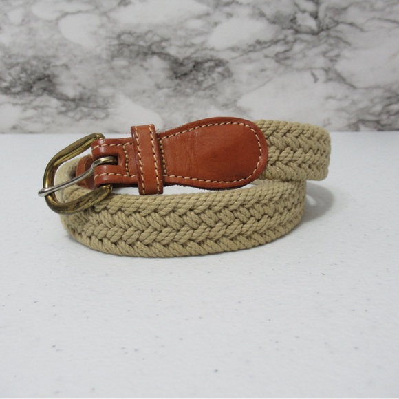 Lands’ End Tan Braided Woven Belt with Brown Leather Accent - Picture 1 of 14